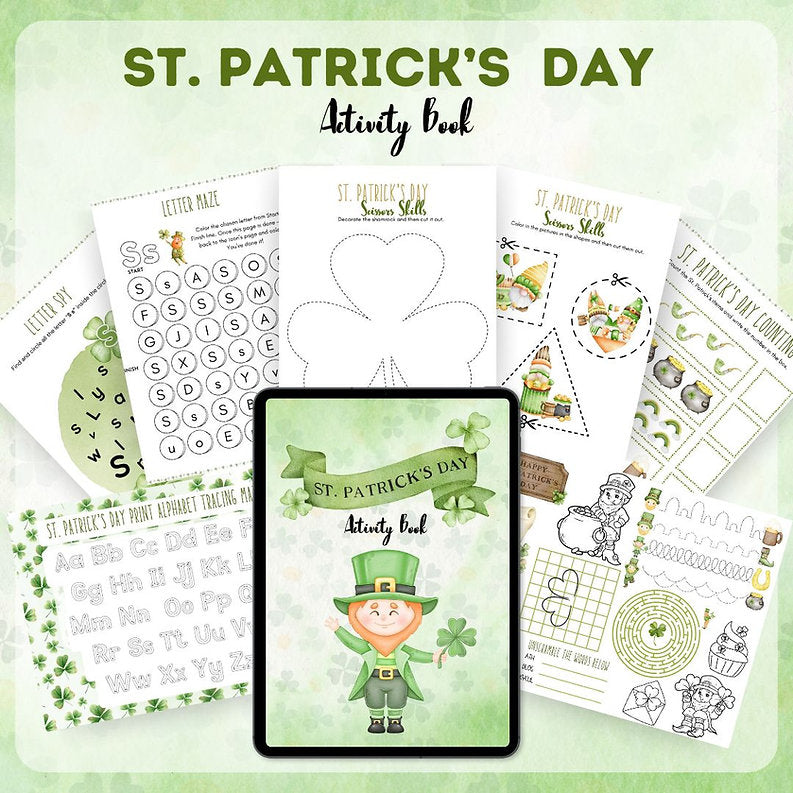 St. Patrick's Day tracing worksheets and letter practice pages from the printable activity book for preschool
