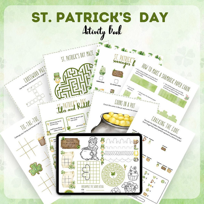 St. Patrick's Day tracing worksheets and letter practice pages from the printable activity book for preschool