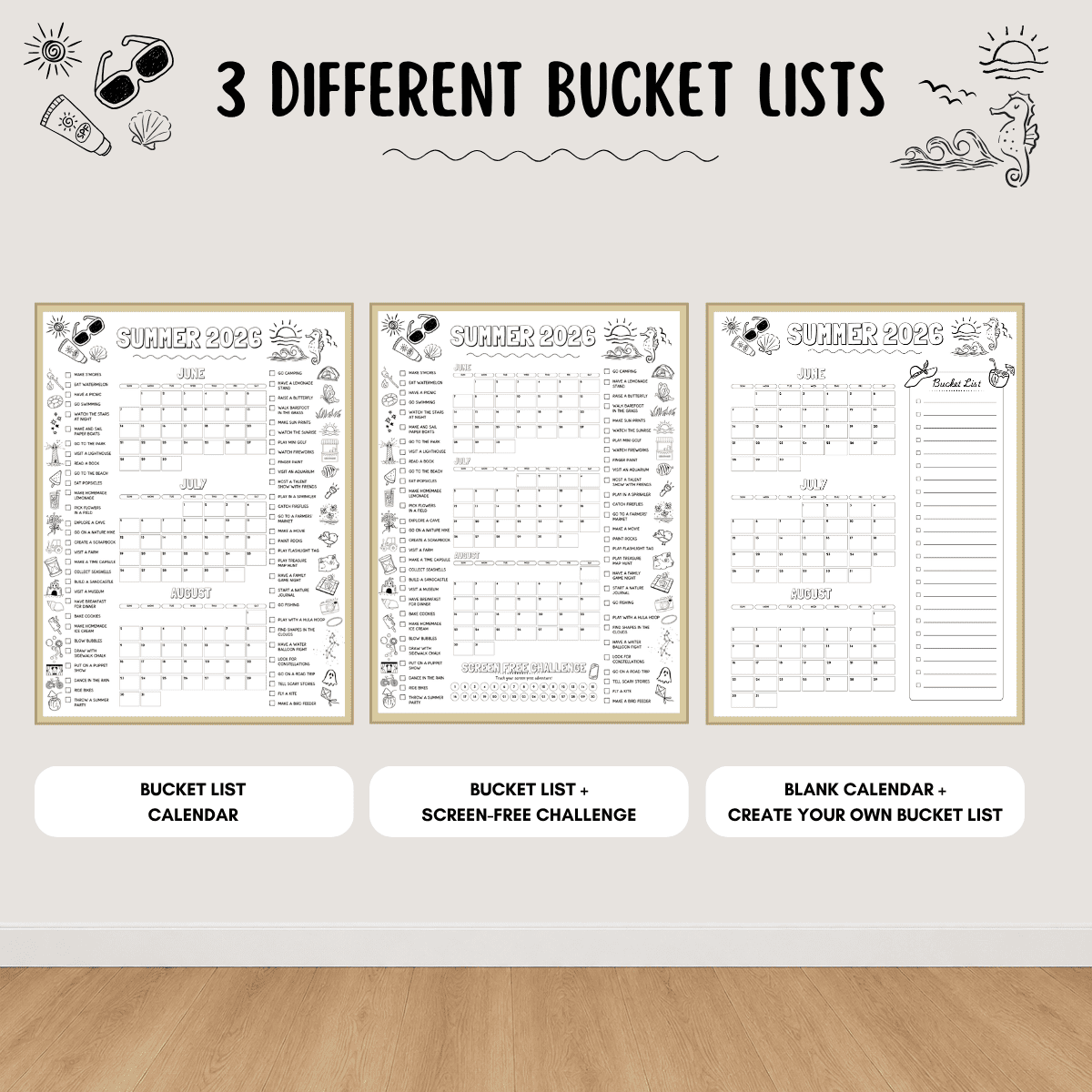 Comparison of three Summer 2026 Bucket List Planner printables, including a bucket list calendar, a bucket list with screen-free challenge, and a blank calendar with a create-your-own bucket list section.