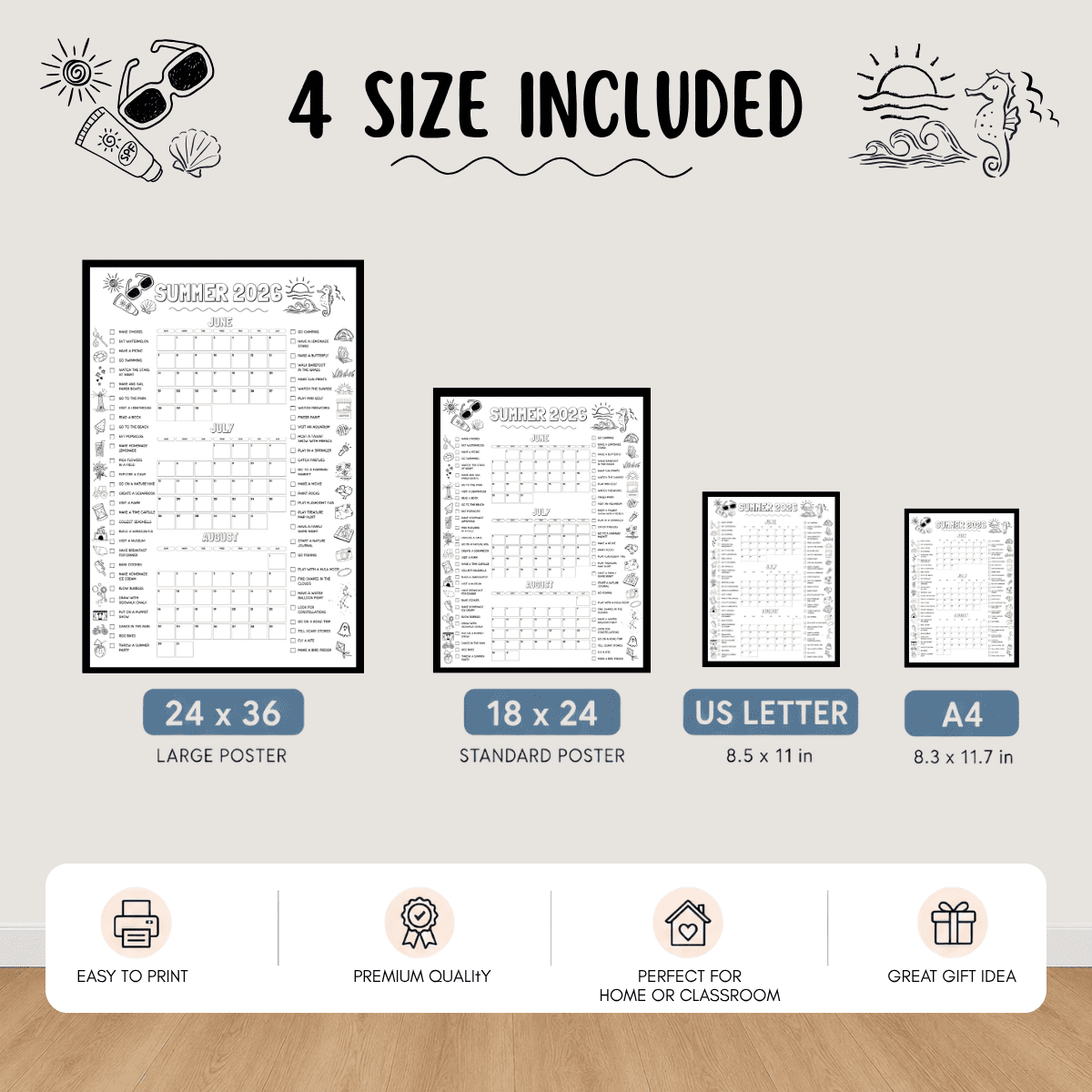 Summer Bucket List printable available in four sizes: 24x36 poster, 18x24 poster, US Letter, and A4, suitable for home, classroom, and family use.