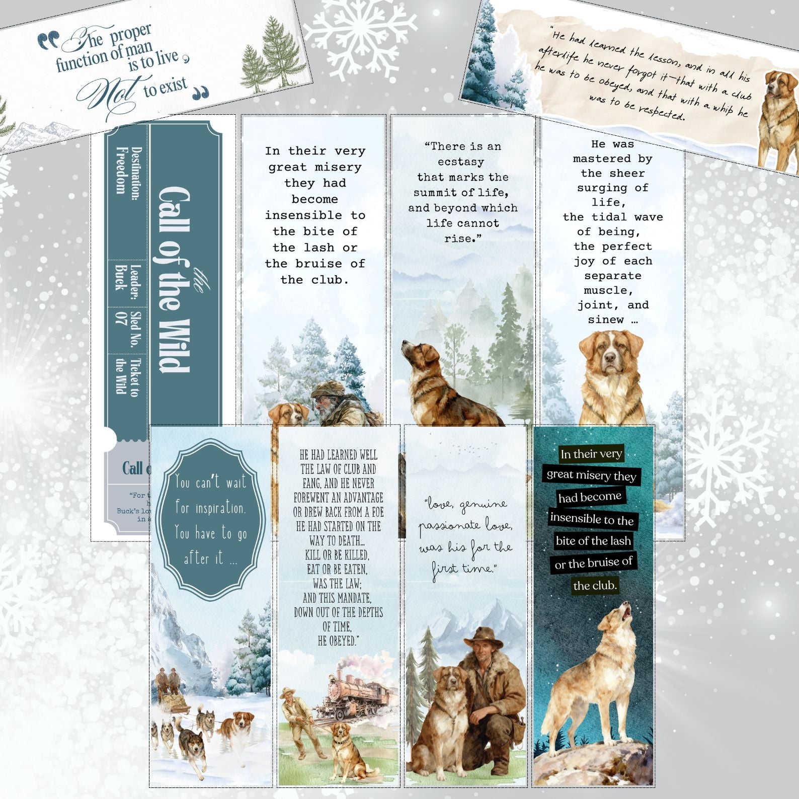 Printable bookmarks with quotes from The Call of the Wild on rustic backgrounds