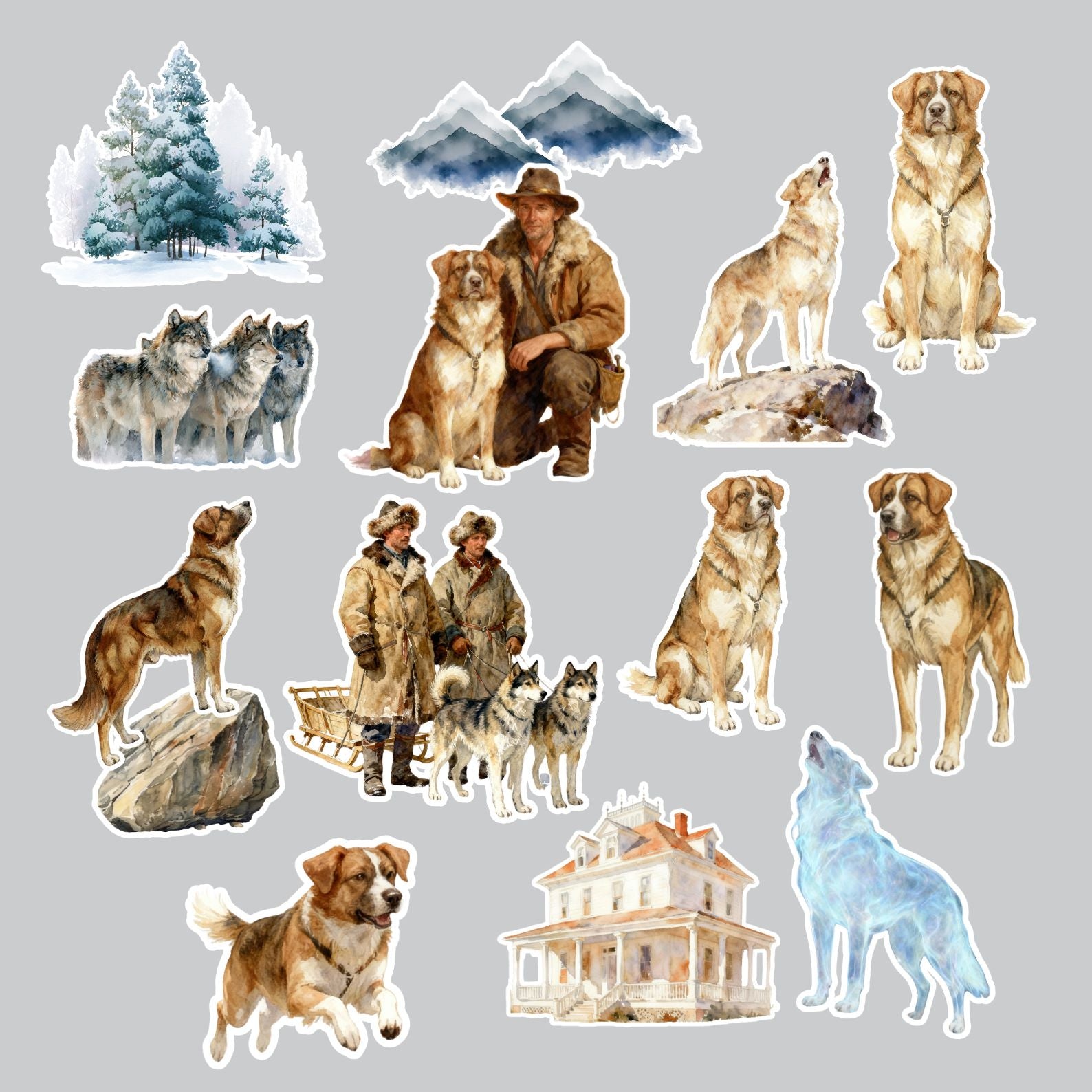 Wilderness-themed sticker sheet featuring Jack London quotes and motifs