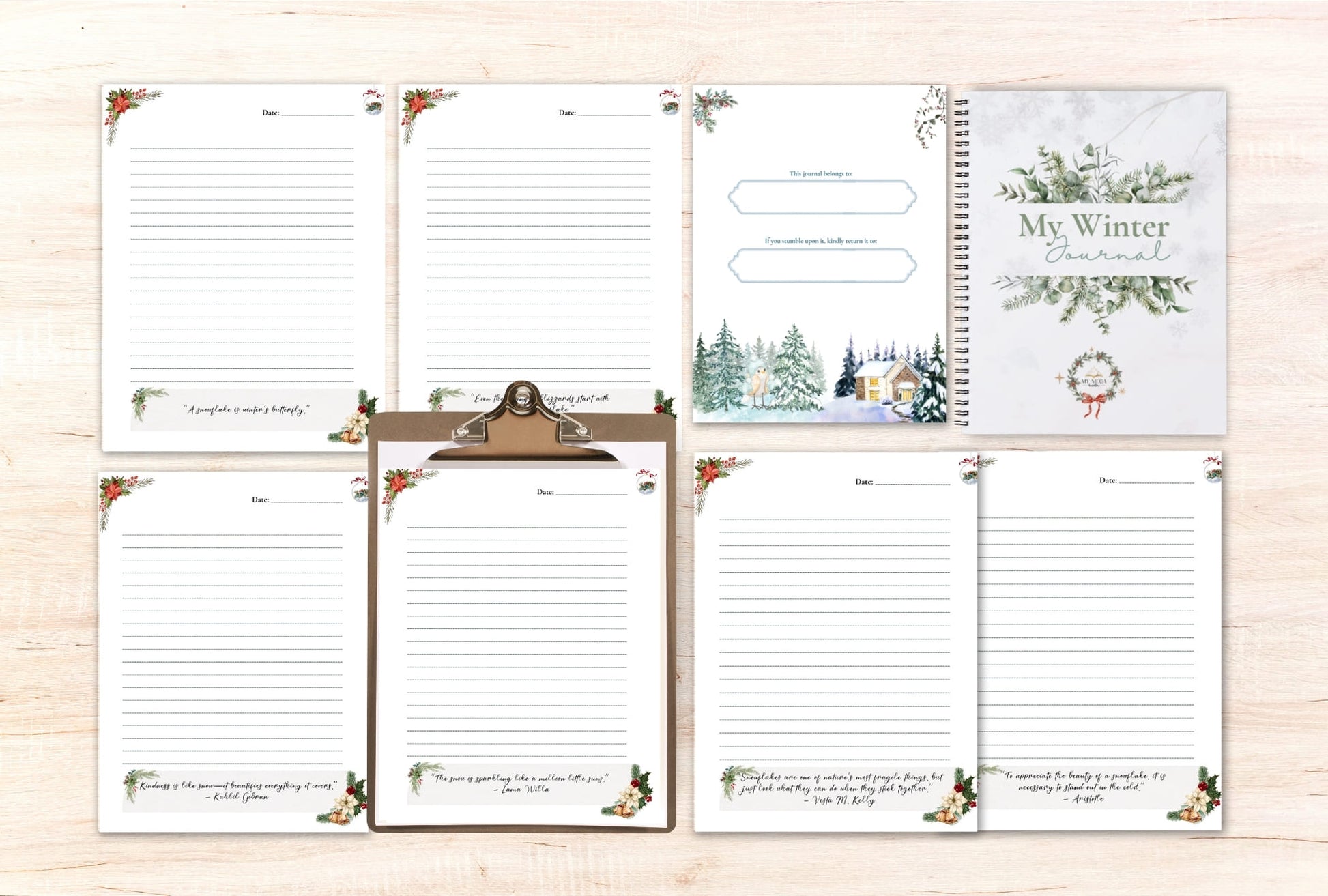 Set of planner pages for kids with winter-themed designs on a wooden surface