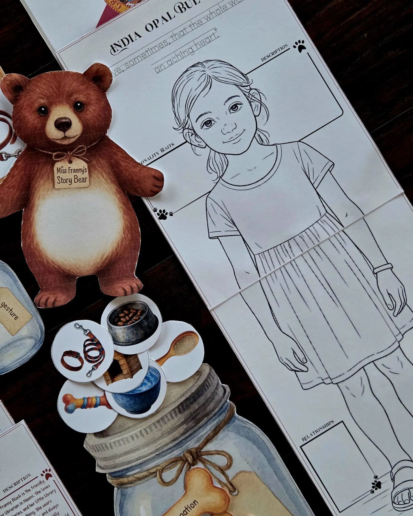 Full-color and color-in character posters from the Because of Winn-Dixie book study, with Miss Franny’s Story Bear and adoption certificate