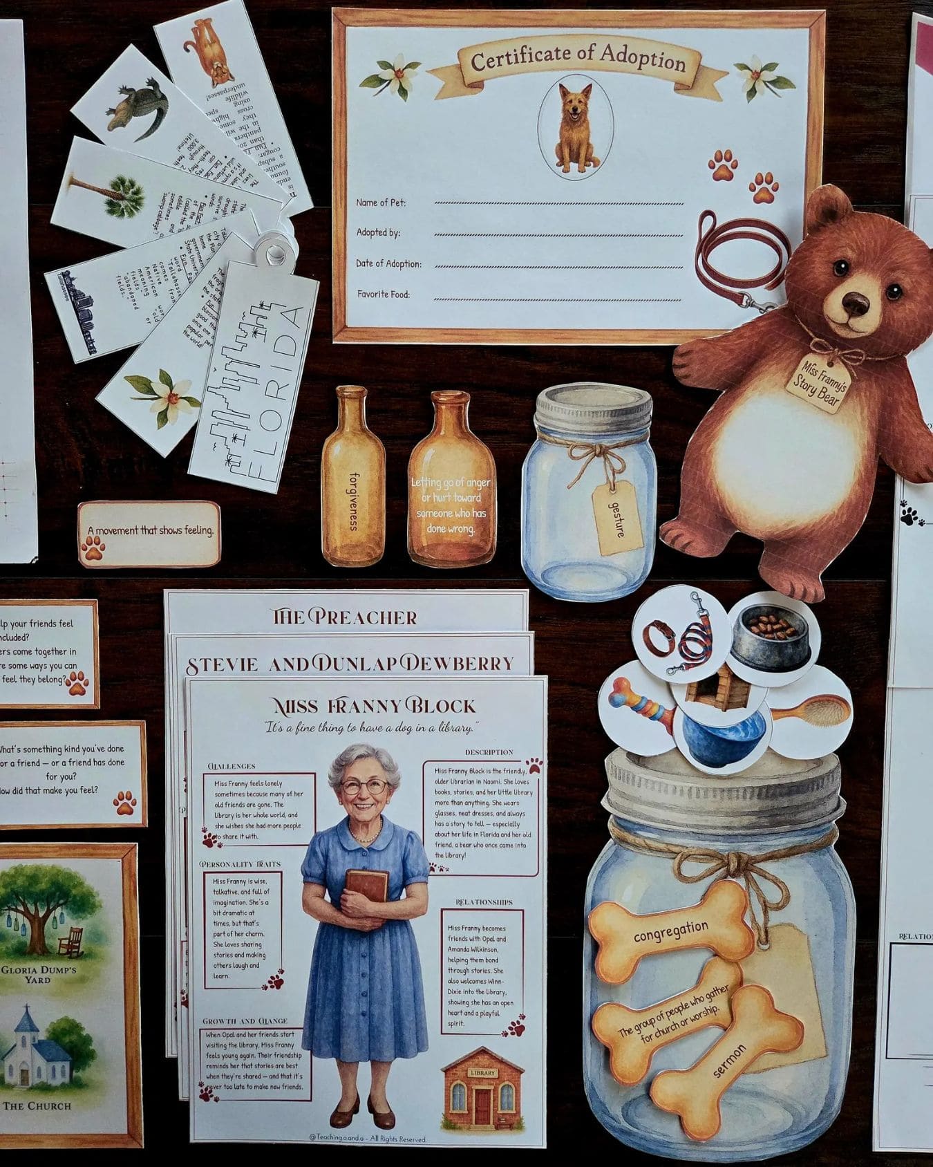 Close-up of the dog bone vocabulary jar printable with words like congregation and sermon from the Winn-Dixie homeschool unit