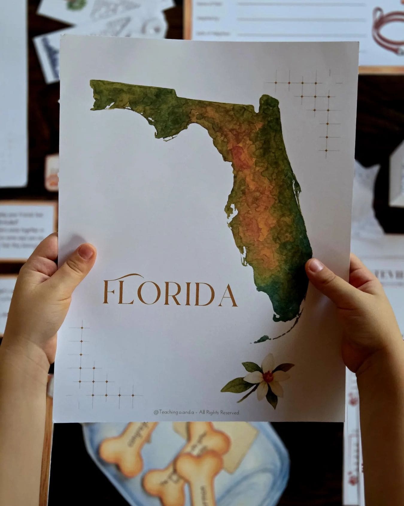 Watercolor-style Florida state map held by a child – part of the Because of Winn-Dixie geography printable