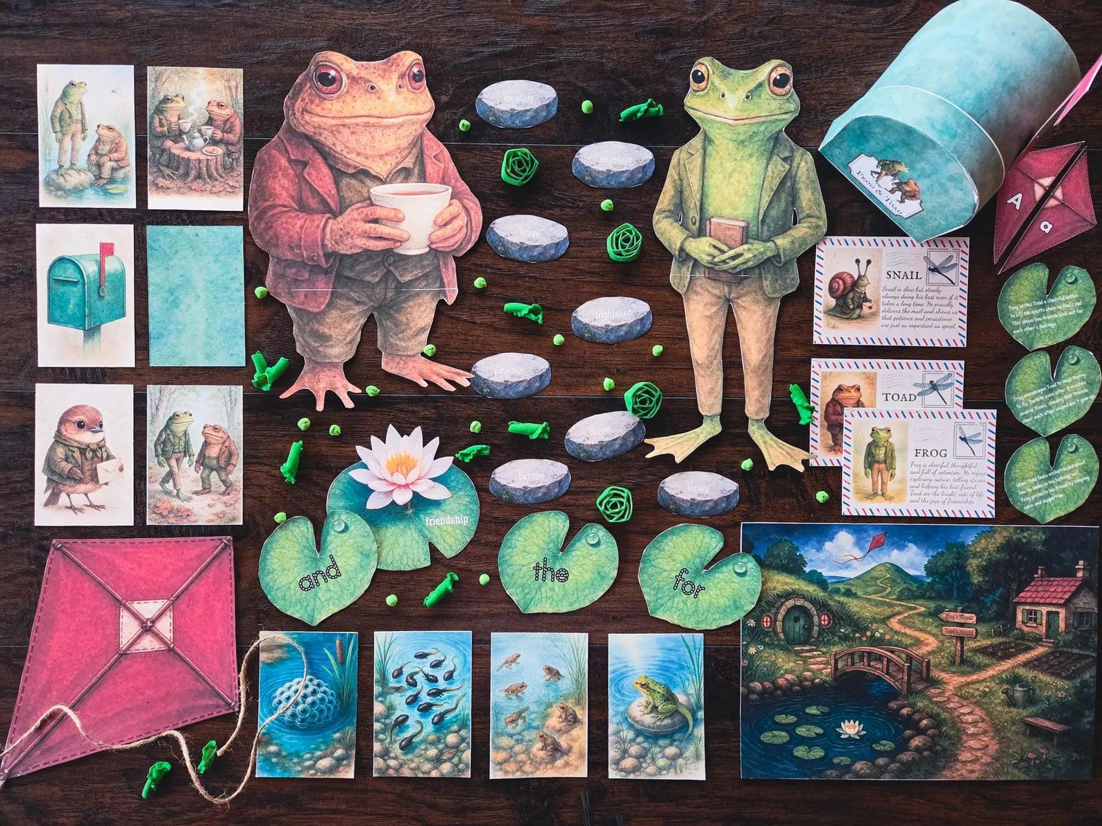 Flatlay of Frog and Toad homeschool book study with character cutouts, literacy activities, mailbox, lily pads, and kite craft