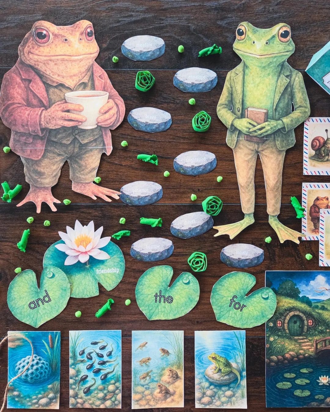 Frog and Toad stand-up characters on lily pad literacy activity with illustrated book cards and pond-themed printables