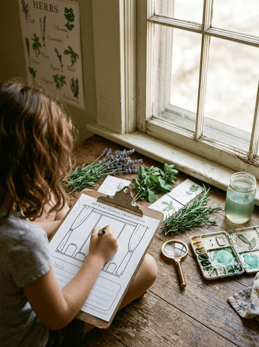 Nature study materials spread on a wooden table