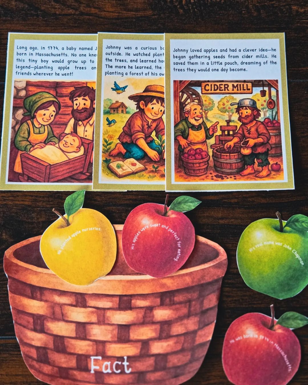 Apple-themed matching activity with baskets and vocabulary cards from Johnny Appleseed homeschool unit