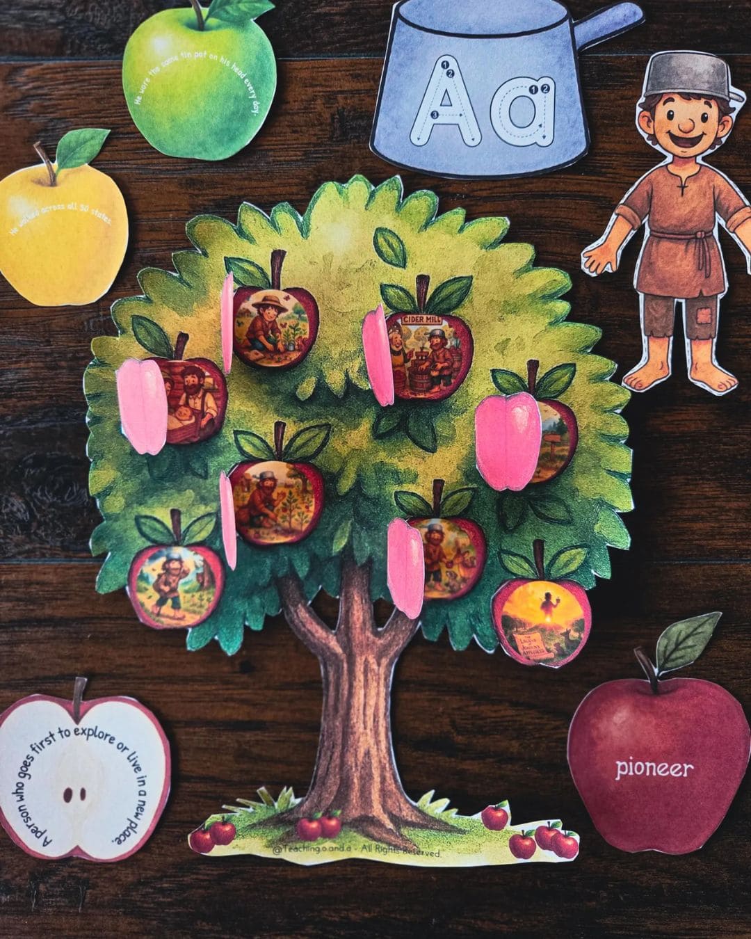 Hands-on apple tree craft with colorful apples and character cutouts from Johnny Appleseed printable pack