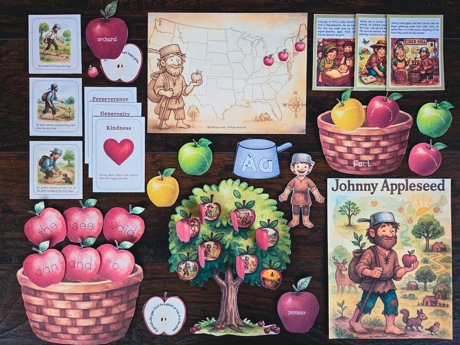 Complete layout of Johnny Appleseed book study including printables, apples, tree craft, and thematic activities
