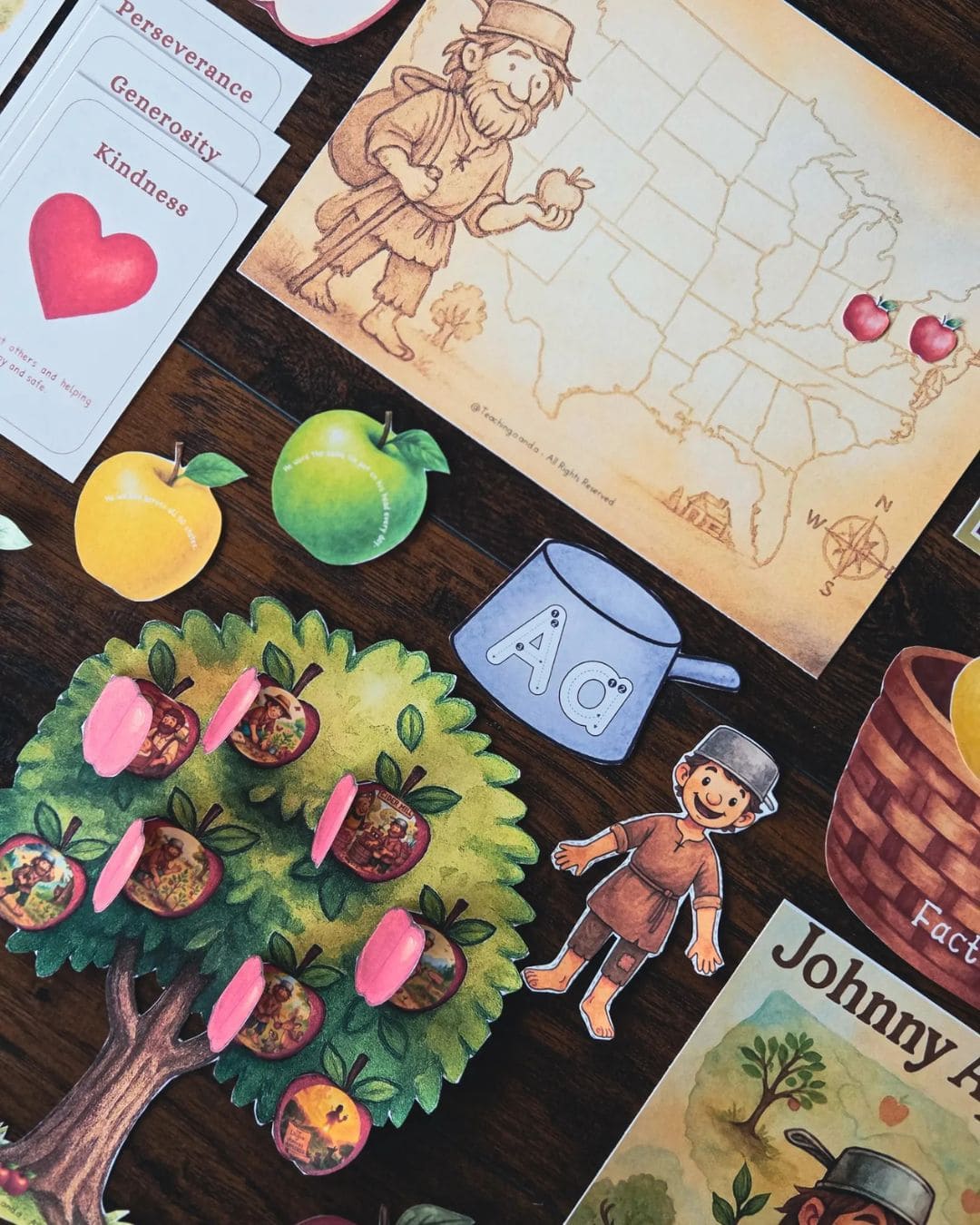 Flatlay of Johnny Appleseed book study including literature cards, apples, and educational activities
