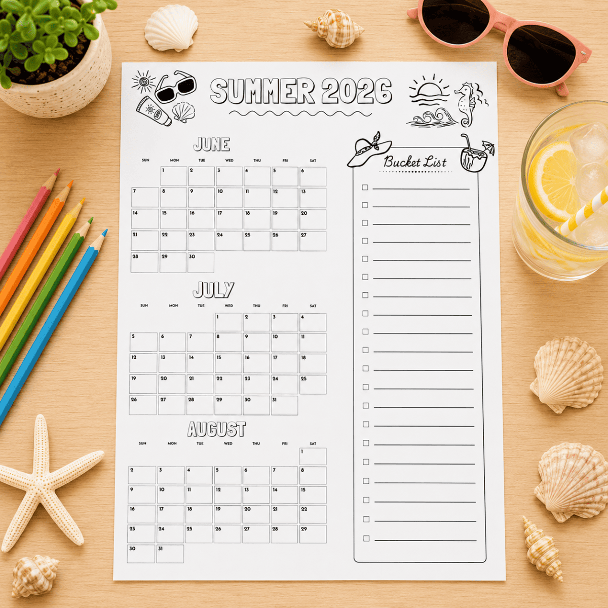 Summer Bucket List Planner 2026 printable featuring June, July, and August calendars with a summer bucket list for kids and families.