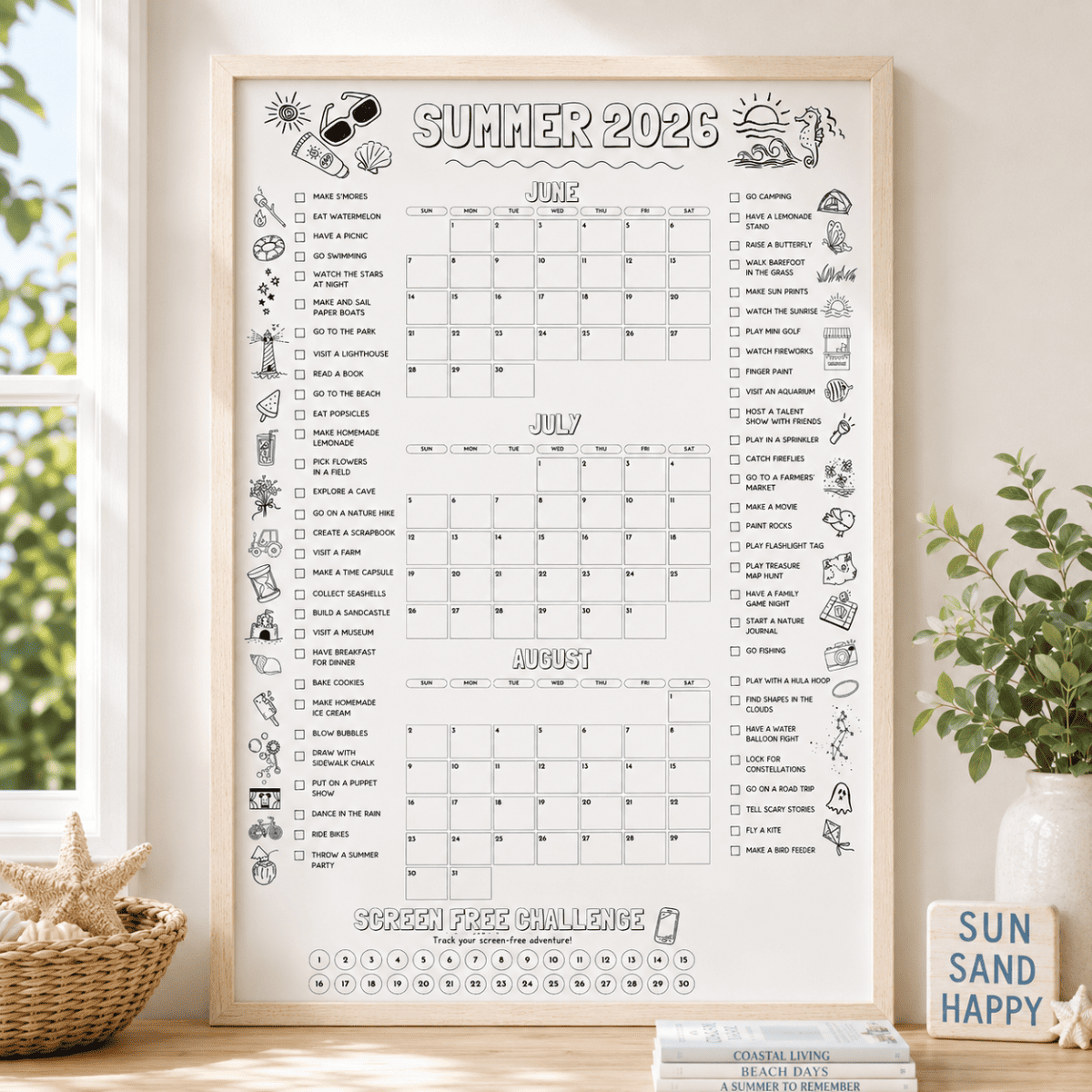 Summer Bucket List poster printable for kids featuring summer activities, planning calendars, and a screen-free summer challenge.