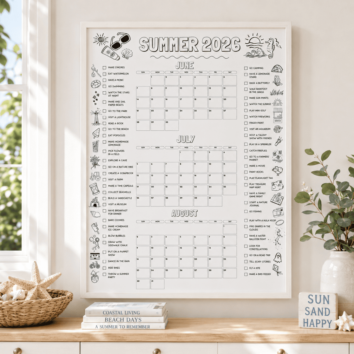 Summer Activity Planner 2026 printable poster featuring a summer bucket list, activity checklist, and June to August planning calendar displayed as wall decor.