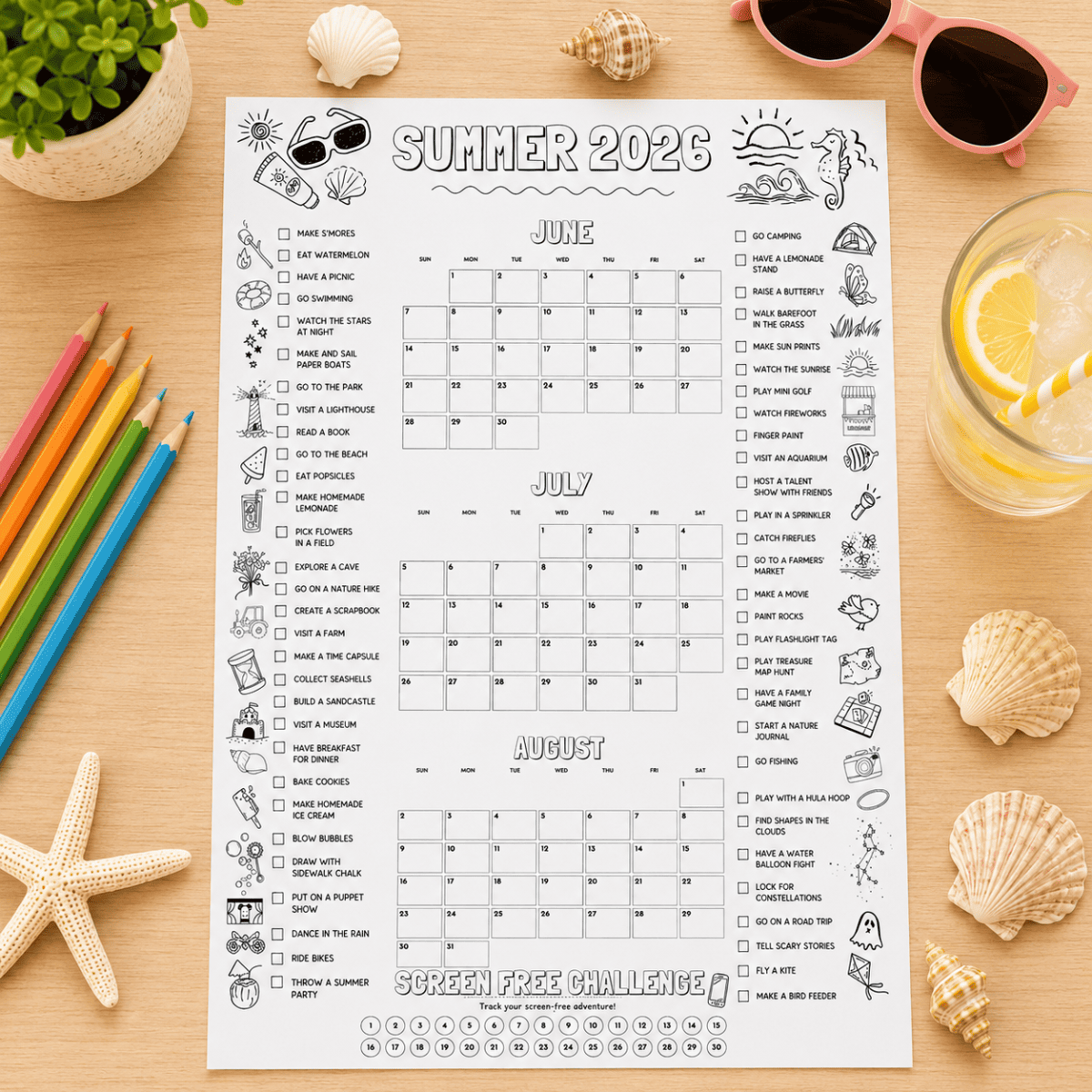 Summer Activity Planner 2026 printable featuring June, July, and August planning calendars, a summer activities checklist, and a screen-free challenge tracker for kids and families.