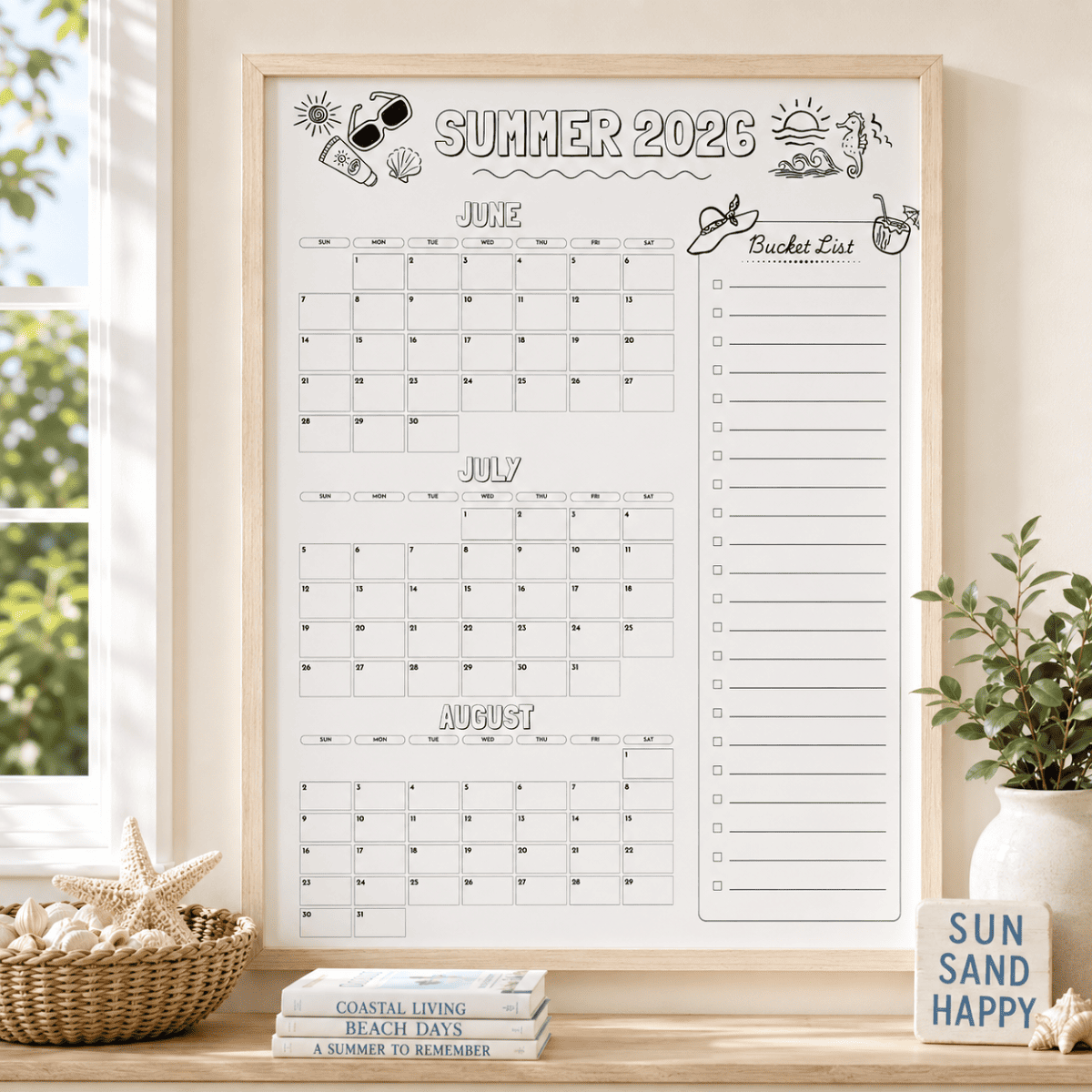 Summer Bucket List poster printable featuring a summer planning calendar and bucket list tracker displayed as wall decor.