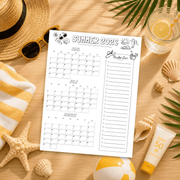 Summer Bucket List Planner printable for kids with June, July, and August planning calendars and a summer bucket list tracker displayed on a wooden table with beach accessories.