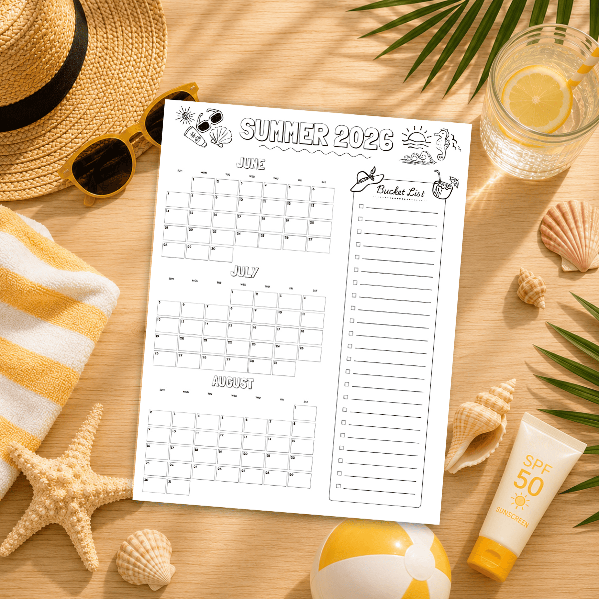 Summer Bucket List Planner printable for kids with June, July, and August planning calendars and a summer bucket list tracker displayed on a wooden table with beach accessories.