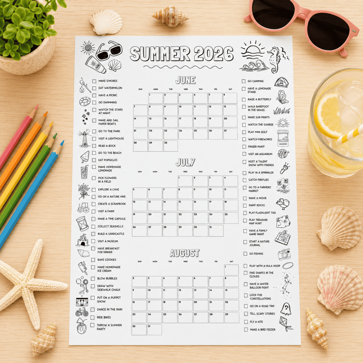 Summer Activity Planner 2026 printable featuring June, July, and August planning calendars with a summer activities checklist for kids and families.