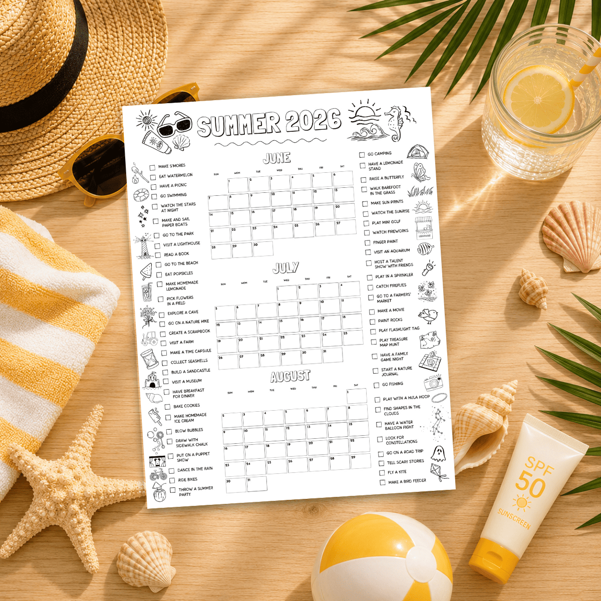 Summer Bucket List Planner printable featuring summer activities and planning pages for June, July, and August displayed on a wooden desk.
