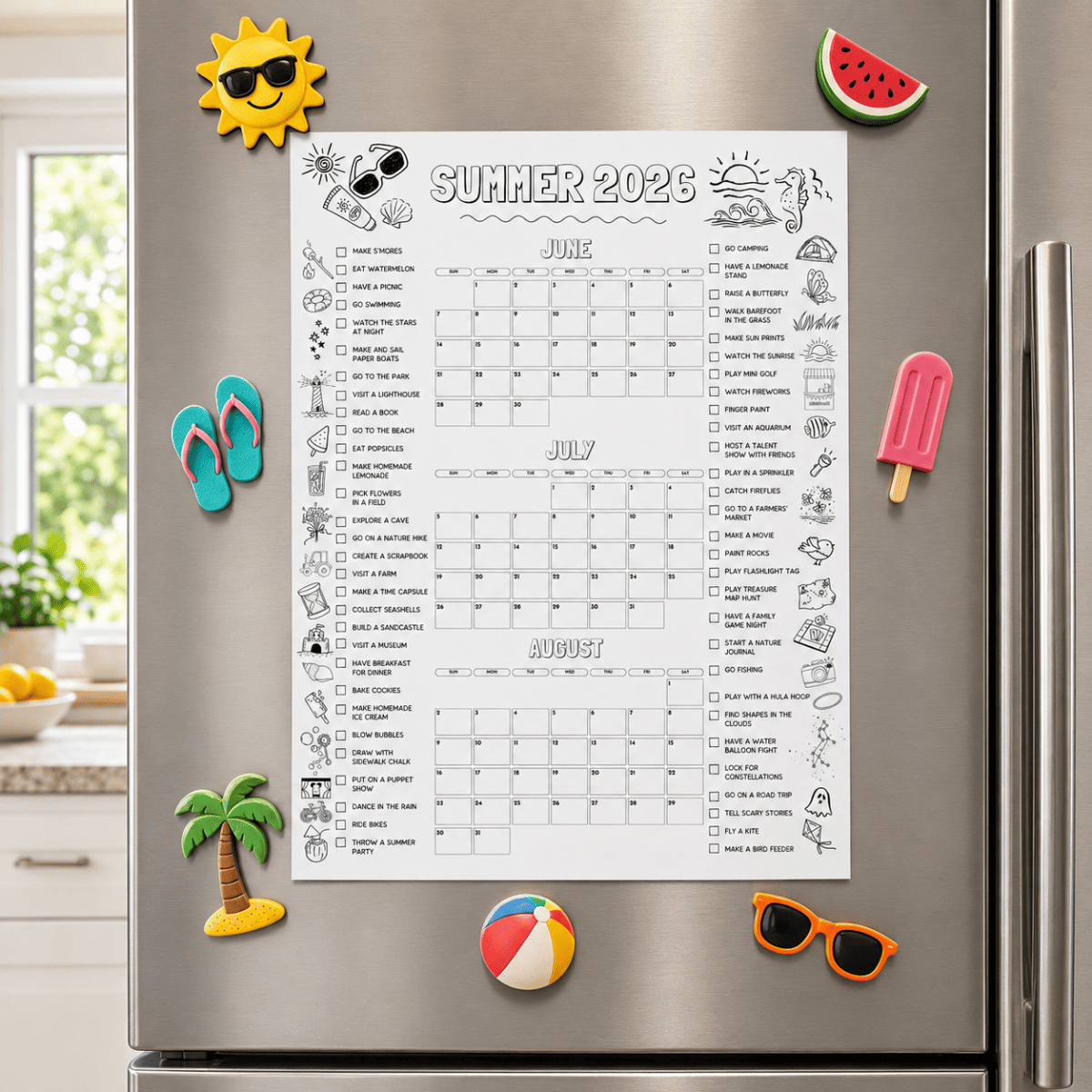Summer Bucket List Planner 2026 printable featuring June, July, and August activity planning calendars for kids and families.