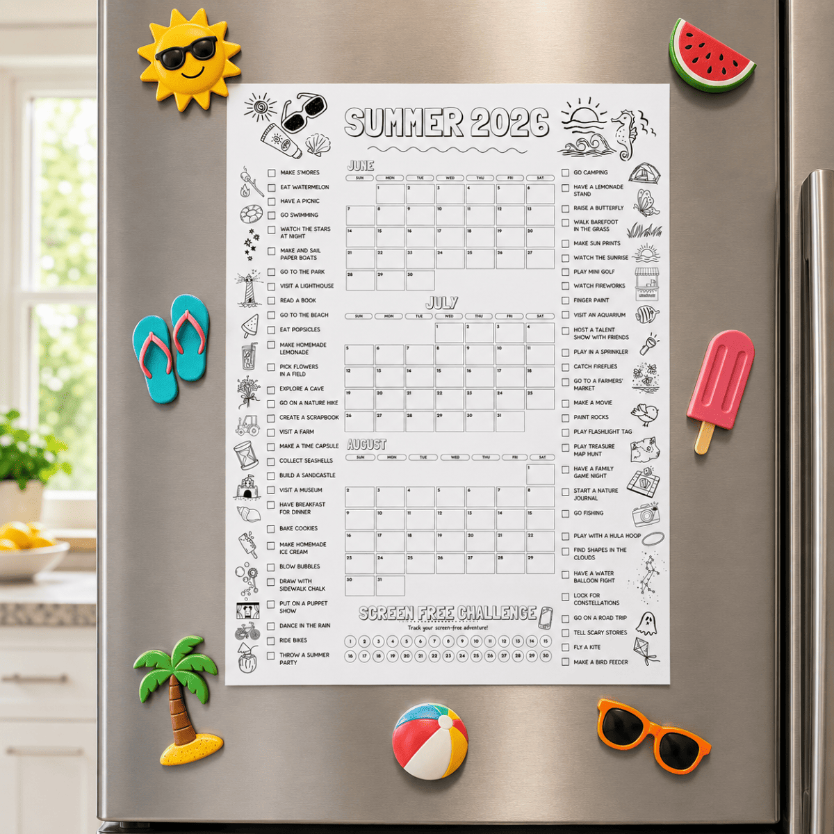 Summer Bucket List Planner 2026 printable displayed on a refrigerator with summer-themed magnets, featuring a summer activity planner and screen-free challenge for kids.