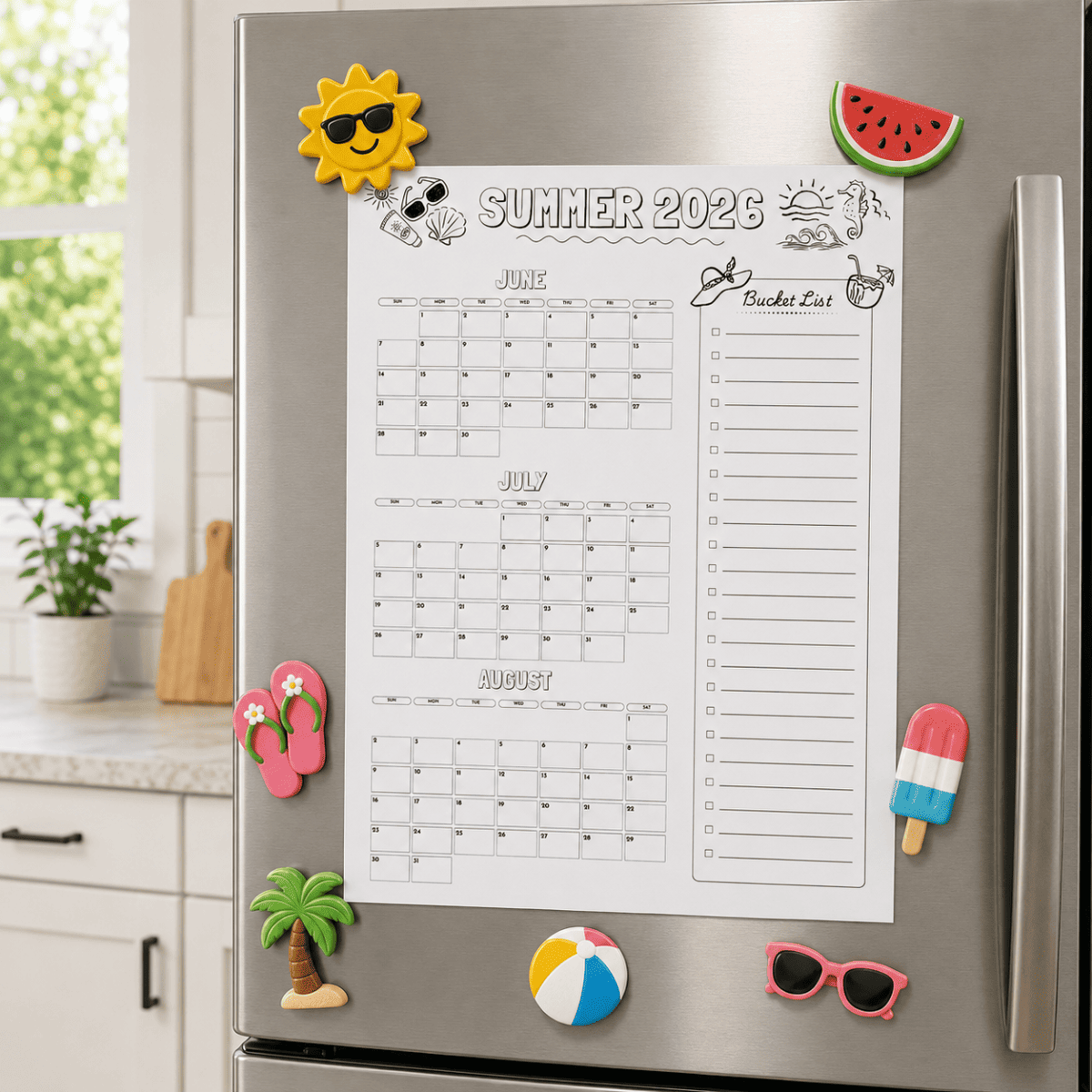 Summer Bucket List Planner 2026 printable featuring June, July, and August planning calendars with a summer bucket list section for kids and families.