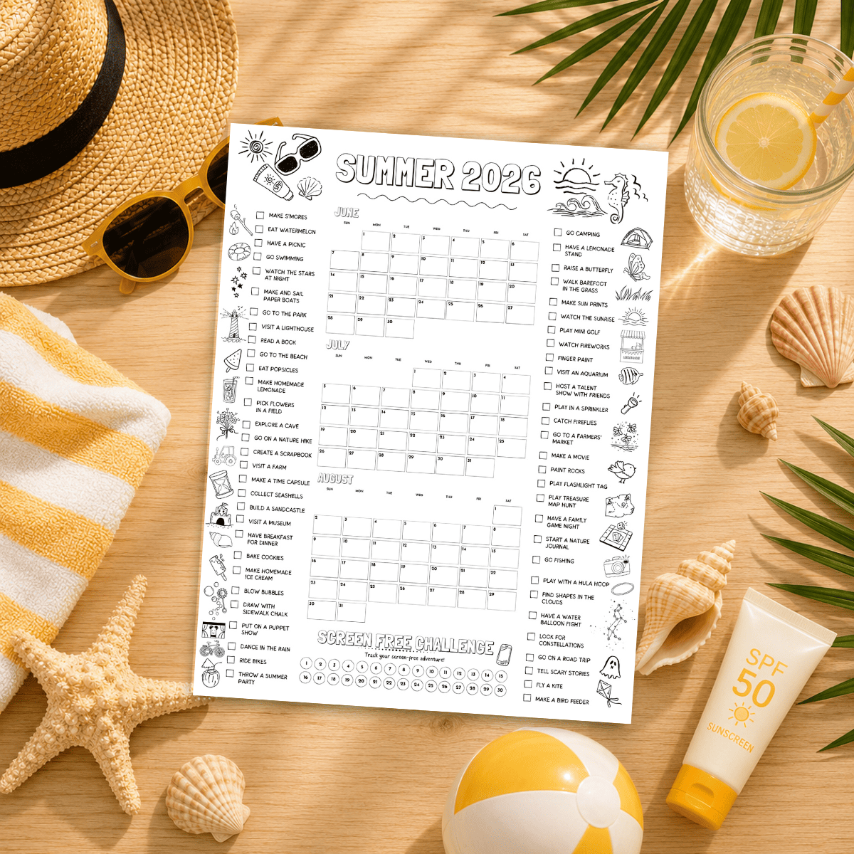 Summer Bucket List Planner 2026 printable featuring summer activities, a seasonal planning calendar, and a screen-free challenge tracker for kids.