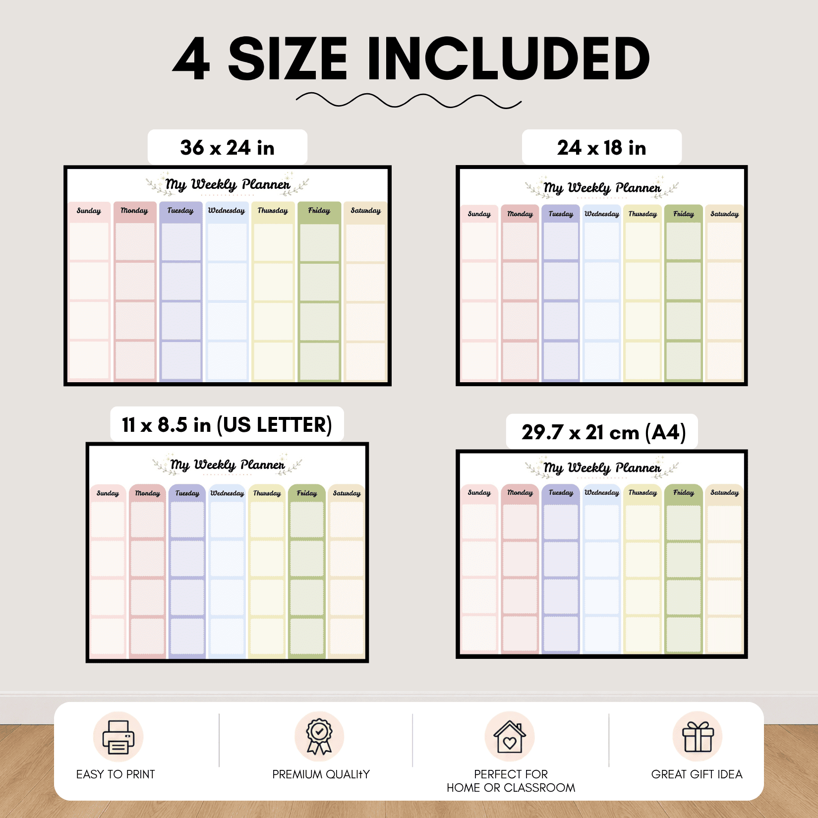 Weekly Planner printable available in four sizes: 36x24 inches, 24x18 inches, US Letter, and A4 for home, classroom, and homeschool use.
