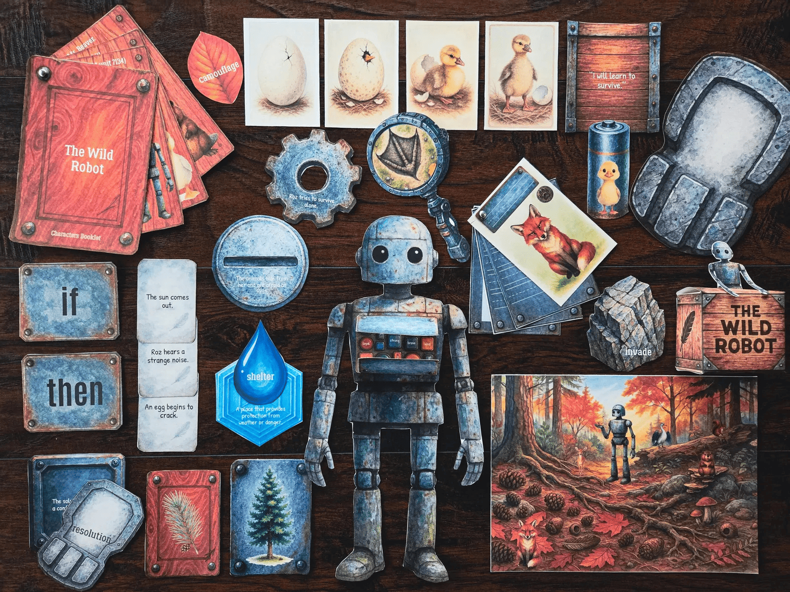 Full flatlay of The Wild Robot book study homeschool unit with robot craft, character cards, STEM activities, and story visuals for kids