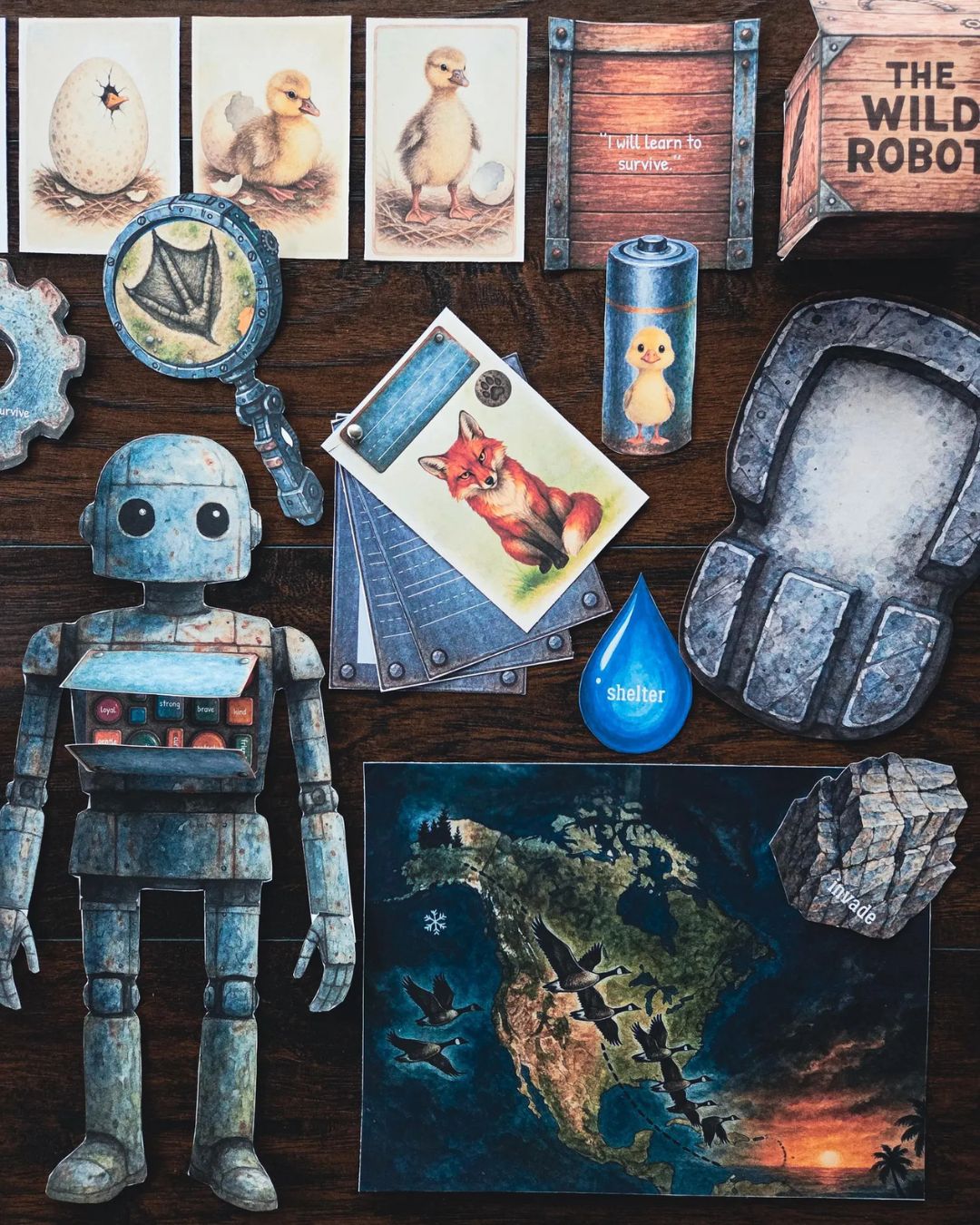 Roz robot beside duckling growth cards, North America migration map, and character visuals from The Wild Robot homeschool study