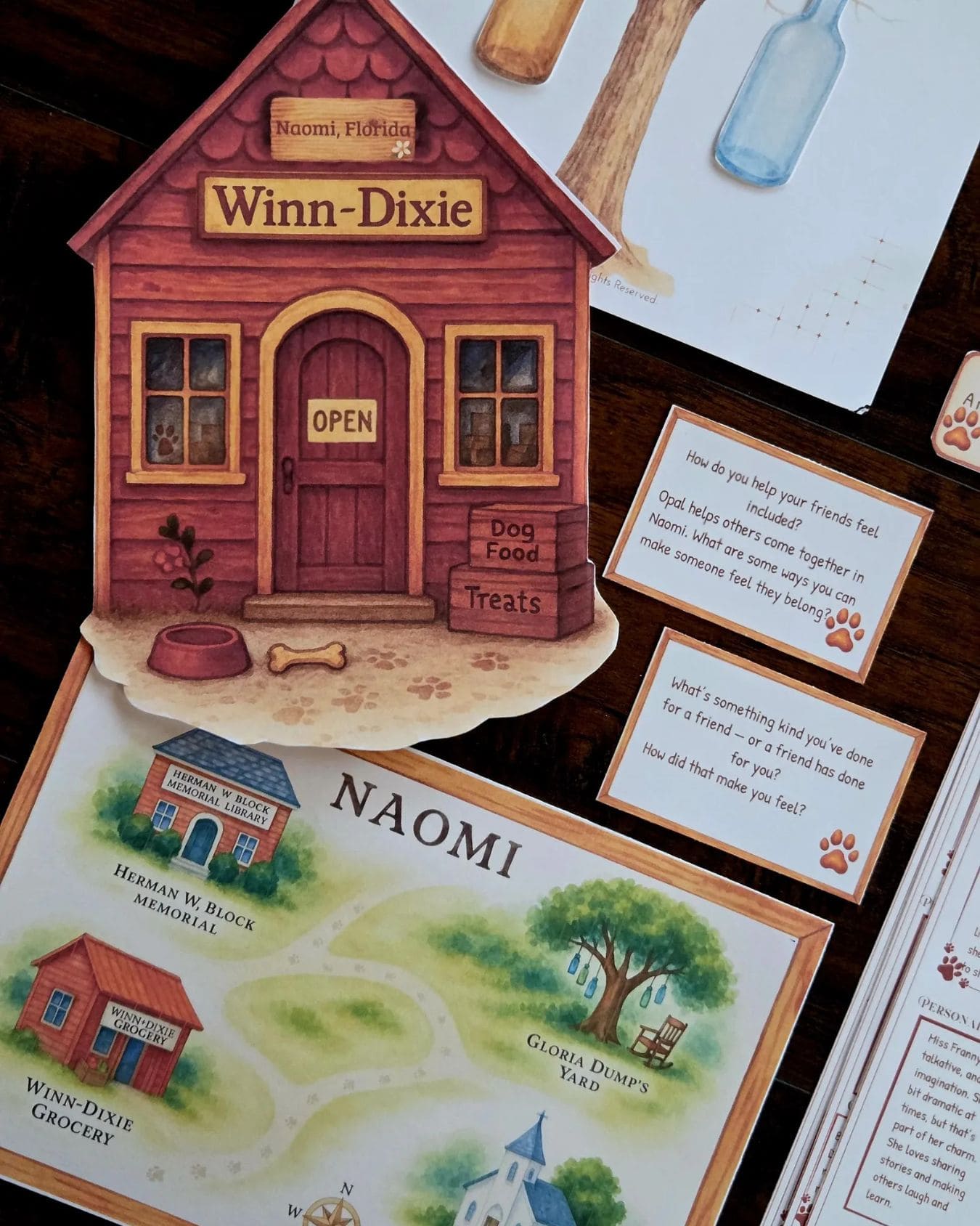 Foldable Winn-Dixie store craft and illustrated town map of Naomi, Florida – part of the homeschool book study